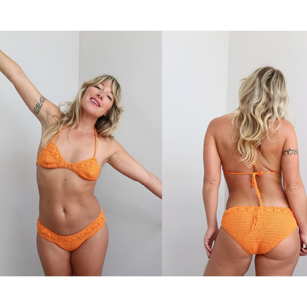 1970's Deadstock Mandarin Orange Cotton Crochet Hip Hugger Bikini Women's XS SM